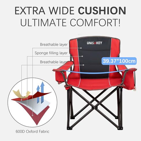 Oversized Folding Camping Chair for Adults - 450lbs Support - Heavy Duty Portable Lawn Chairs with Side Pocket Cup Holder Cooler Bag for Sports Garden Beach Fishing, Red in Kuwait