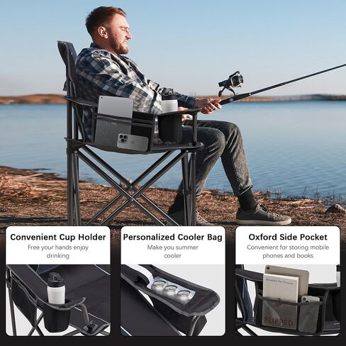 كرسي التخييم القابل للطي كبير للبالغين - دعم 450 رطلاً - كراسي حديقة محمولة شديدة التحمل مع حقيبة برودة كوب جيب الجيب لصيد صيد الشاطئ في حديقة الرياضة ، الأحمر in Kuwait