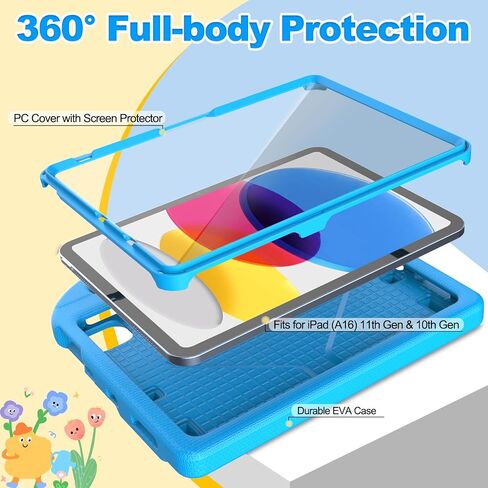 حالة Kids for iPad 11th Generation (A16 11 "2025) و iPad 10th Gen (10.9 بوصة 2022)-غطاء الوقاية من الصدمات الكامل للجسم مع واقي الشاشة ، حامل قلم رصاص ومقبض ، أزرق in Kuwait