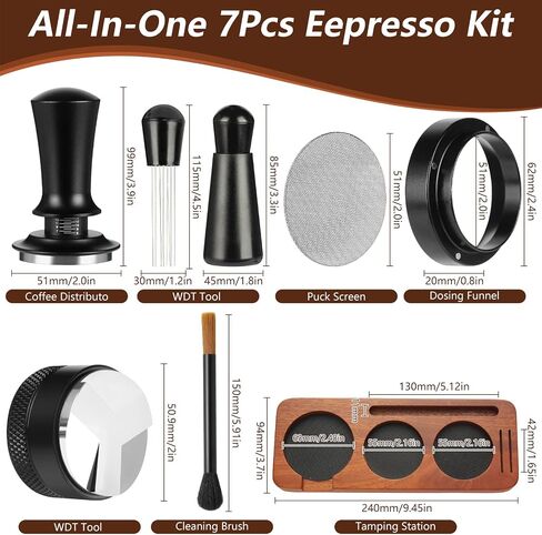7 PCS Espresso Accessories ، Espresso Thermper Tools ، WDT Tool Tool Aspresso Machine Accessories Kit ، Thaucky Tarning with Wood Espresso Stamping ، Distributor ، Stirrer ، Hose Brade ، Brush ، Puck Screen (54 mm) in Saudi Arabia