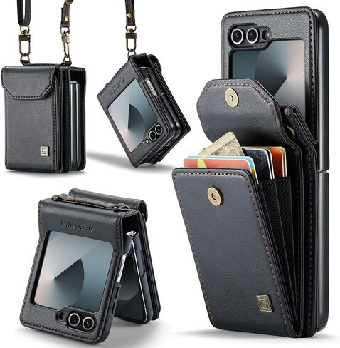 TDTOK for Samsung Galaxy Z Flip 6 Wallet Case, Luxury Retro PU Leather Crossbody Lanyard Case with Card Holder (Black, Z Flip 6) in Kuwait