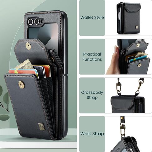 TDTOK for Samsung Galaxy Z Flip 6 Wallet Case, Luxury Retro PU Leather Crossbody Lanyard Case with Card Holder (Black, Z Flip 6) in Kuwait