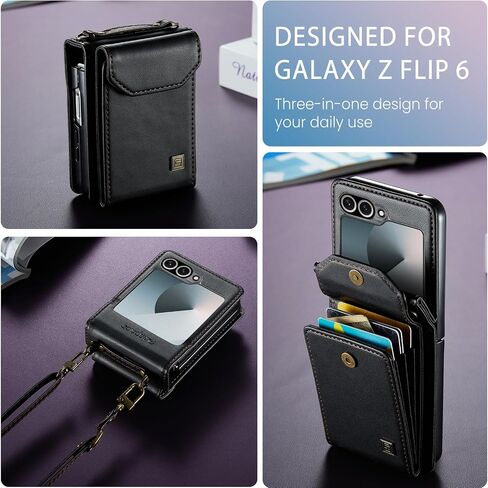 TDTOK for Samsung Galaxy Z Flip 6 Wallet Case, Luxury Retro PU Leather Crossbody Lanyard Case with Card Holder (Black, Z Flip 6) in Kuwait