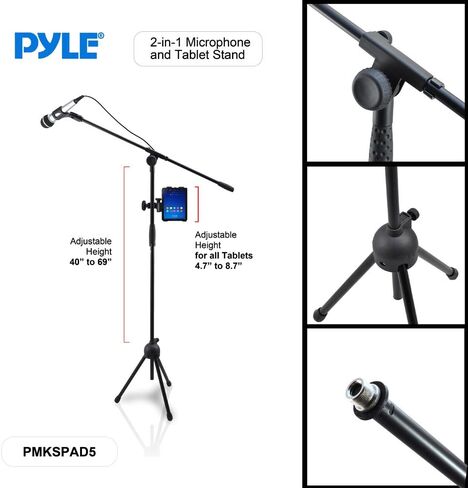Pyle 2-in-1 Microphone and Tablet Stand - Adjustable Telescopic Column, 4.7" to 8.7" Tall, Powder Coated Black Finish, Universal Microphone Stand with Tablet Holder - Pyle PMKSPAD5 in Saudi Arabia
