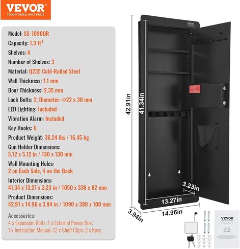 Vevor 42.91 "Gun Gun Gun Safe ، بندقية مخفية ذات 4 مستويات مع لوحة مفاتيح وبصمة ، 3 أرفف قابلة للإزالة و 6 حاملين رئيسيين ، Q235 الصلب المولود البارد مع ضوء LED ، إنذار الاهتزاز ، الحافظة والأسهم in Saudi Arabia