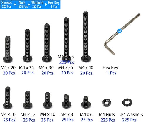 Iexcell 450 قطعة M4 × 6/8/10/12/16/20/25/30/35/40 سبيكة فولاذية 10.9 درجة مقبس سداسي الشكل وزر غطاء رأس ومسامير وصواميل ومجموعة متنوعة من المسامير، لمسة نهائية من أكسيد الأسود in Kuwait