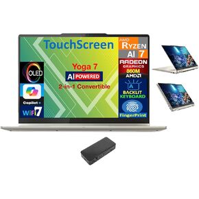 Lenovo Yoga 7 AI Powered 2-in-1 Laptop 14.0" Touchscreen OLED WUXGA Display (AMD Ryzen AI 7 350, 16GB LPDDR5X, 2TB M.2 PCIe SSD, Backlit KB, Fingerprint, WiFi 7, Webcam, Win 11 Home) w/USB-C Dock