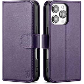 متوافق مع iPhone 16 Pro Max Genuine Wallet Case مع حامل البطاقة ، والنساء الرجال من الجلد الحقيقي Flip RFID حظر فتحات فتحات بطاقة الائتمان حزام ، ل Apple 16 Promax ، Purple