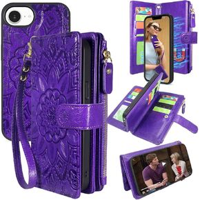 Harryshell Compatible with iPhone 16E Wallet Detachable Magnetic Cover Zipper Leather Case with Cash Coin Pocket Multi Card Slots Holder Wrist Strap Lanyard (Flower Blue Green)