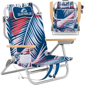 SUN NINJA Beach Chair – Folding Chair for Beach with 5 Reclining Positions, Cup & Phone Holder, Insulated Back Storage Pouch, Portable Lightweight Aluminum Frame – Palm Tree 1pc