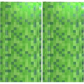 2 Pcs Foil Fringe Green Pixel Miner Theme Curtains Streamers Party Decorations Cartoon Tinsel Backdrop for Video Game Party Birthday Decorations Supplies for Kids