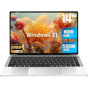 14 Inch Laptop Computer, 16GB DDR4 RAM, 512GB SSD Windows 11 Laptop, Intel Quad Core Processor(up to 2.8GHz), FHD 1920 x 1080 Display, Webcam, Wi-Fi, BT5.2, HDMI, USB, Silver