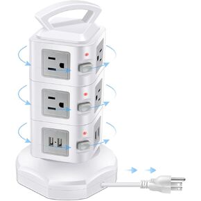 10-Outlet Power Strip Tower | Outlet Expander | Retractable Extension Cord with 4 USB Ports | Multi Plug Surge Protector for Multiple Devices, Cell Phone, Computer Accessories | Office, Desk Organizer