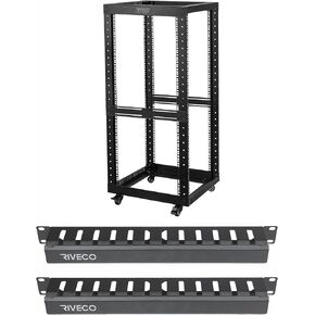 RIVECO 25U Open Frame Server Rack with Wheels- Heavy Duty 4 Post 19-inch Support 600KG Equipment Thick Cold Rolled Steel Cabinet & 1U 12 Slot Cable Manager