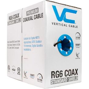 RG6 Standard Shield Bulk Bulk Coansial Cable ، Black ، 1000 قدم ، 75 أوم ، 18AWG ، CCS الصلبة ، FOIL و 60 ٪ AL ، CM & CL2 تصنيف