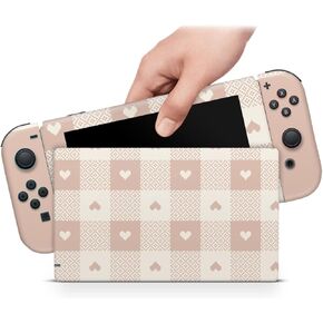ZOOMHITSKINS Compatible with Switch Skin Cover, Gingham Vintage Striped Cute Kawaii Princess Heart Beige Pink, Vinyl Decal Sticker Wrap, Made in The USA