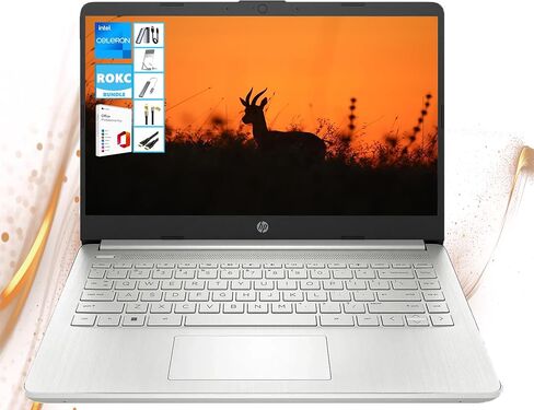 HP AI-Powered 14" HD Laptop with Microsoft Office and 1TB Cloud Storage Included for 1-Year| 16GB RAM|128GB SSD & 128GB Portable SSD| Intel Celeron CPU| Webcam|Ultra Light| Windows 11|RK Bundle|Silver in Kuwait