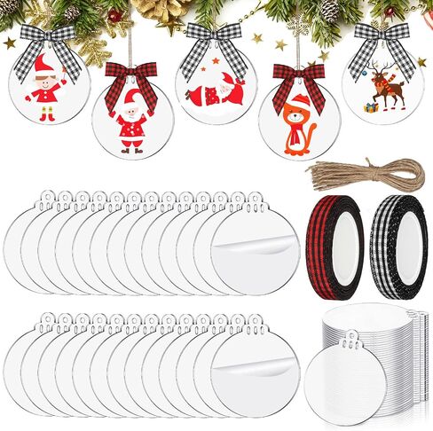 30 Pieces 3 Inch Acrylic Christmas Ornament Blanks Clear Acrylic Christmas Ornaments Blank Acrylic Circle Disc with Hole Acrylic Transparent Tags Rolls Ribbons(Round Style,Classic Plaid Color) in Saudi Arabia