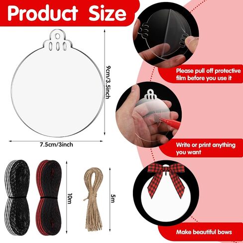 30 Pieces 3 Inch Acrylic Christmas Ornament Blanks Clear Acrylic Christmas Ornaments Blank Acrylic Circle Disc with Hole Acrylic Transparent Tags Rolls Ribbons(Round Style,Classic Plaid Color) in Saudi Arabia