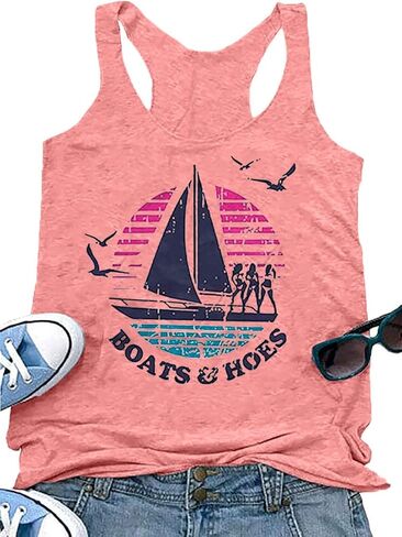 قوارب الإبحار الجرافيك تانك الأعلى المرأة مضحك أكمام أعلى الصيف عطلة سترة تي شيرت in Kuwait