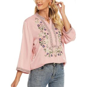 Grosy Mexican Peasant Tunic Shirts, 3/4 Sleeve Boho Embroidered Tops for Women, Plus Size Floral Bohemian Tunics Blouse