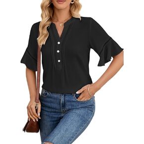 Famulily Womens Casual Button Down Shirts Ruffle Short Sleeve V Neck Tops Summer Cute Chiffon Blouses for Work