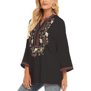Grosy Mexican Peasant Tunic Shirts, 3/4 Sleeve Boho Embroidered Tops for Women, Plus Size Floral Bohemian Tunics Blouse
