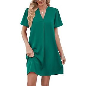 LYANER Women's Casual Satin Notched V Neck Short Sleeve Solid Short Tunic Dress