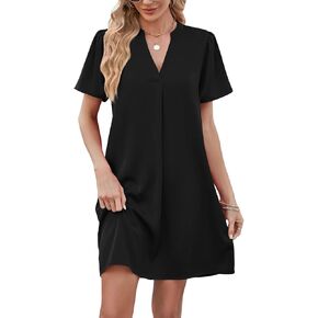 LYANER Women's Casual Satin Notched V Neck Short Sleeve Solid Short Tunic Dress