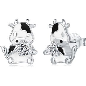 925-Sterling-Silver Cute Cow Earrings for Women - Cow Animal Stud Earrings with Heart Hypoallergenic Brithday Valentine's Day Jewelry,Cow Gifts for Girls Cow Lovers