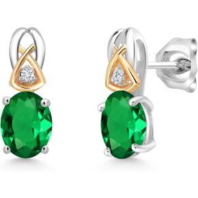 Gem Stone King 925 Sterling Silver and 10K Yellow Gold Green Nano Emerald and White Lab Grown Diamond Earrings For Women (1.22 Cttw, Oval 7X5MM)