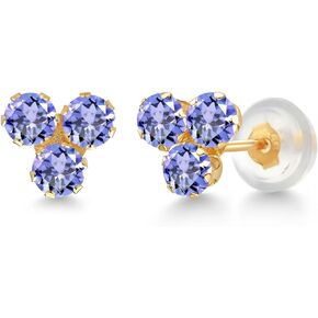 Gem Stone King 14K Yellow Gold Blue Tanzanite Trio 3 Stone Stud Earrings For Women (0.90 Cttw, Gemstone December Birthstone, Round 3MM)