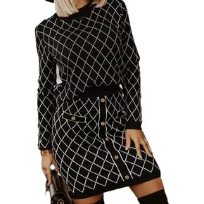 Women's 2 Piece Sweater Skirt Set Lattice Knit Sweater Skirt And Pullover Top Sets