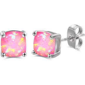 Savlano 925 Solid Sterling Silver 6MM Princess Square Created Opal Stud Earrings, Comes with Gift Box for Women & Girls