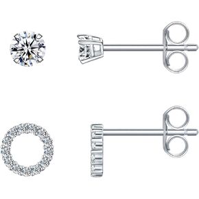 Sterling Silver Stud Earrings for Women Girls- Hypoallergenic Small CZ Simulated Diamond Earrings Dainty Halo, Lightning Bolt, Moon Cubic Zirconia Earring Set