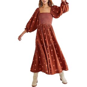 Chloefairy Fashion Women's 3D Floral Embroidered Maxi Dress Puff Sleeve Square Neck Tiered Flowy A-line Dress