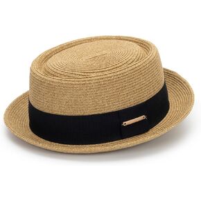 Men Women Straw-Pork-Pie-Hat - Classic Boater Hat with Black Band Summer Beach Hat UPF50+