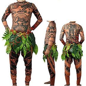 RUEWEY Halloween Baby Adult Men Cosplay Costume Moana Maui Tattoo T Shirt Pants Set witrh Leaves Skirt