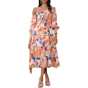Women Long Sleeves Floral Dresses - Casual Spring Summer Dresses Puff Sleeve Flowy Midi Dress with Pockets