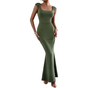 BestWendding Women's 2024 Bodycon Maxi Dress Cap Sleeve Square Neck Sexy Slim Cocktail Party Long Dress