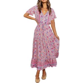 R.Vivimos Womens Summer Floral Print Cotton Short Sleeve Flowy Dress