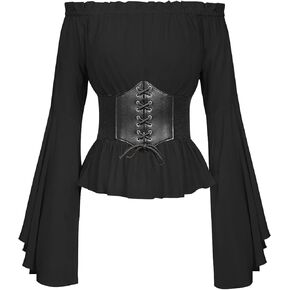 Wolasia Womens Renaissance Tops Medieval Victorian Off Shoulder Long Sleeve Pirate Blouse Shirts Costumes with Corset Belt