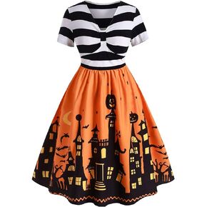 Women's Plus Size Halloween Dress Funny Striped Pumpkin Halloween Costume Flared Dresses