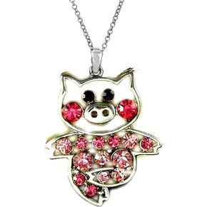 Adorable Little Pig Piggy Pendant Necklace Pink and Rose Crystal 18" Stainless Steel Chain Gift Boxed