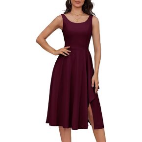 Daisyaner Women Sleeveless Ruffle Crew Neck Dress Split Flowy Wedding Guest A Line Irregular Hem Semi Formal Midi Dress