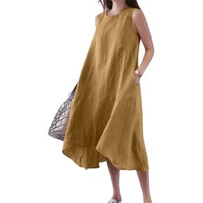 yoeasy Women Cotton Linen Crew Neck Sleeveless High Low Tank Long Dress Summer Casual Flowy Maxi Dresses