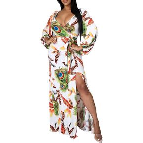 Casual Maxi Dress for Women Wrap V Neck Long Sleeve Floral Print Split Sundress with Belt