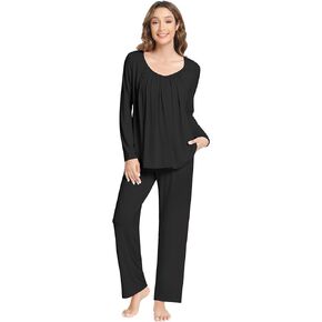 NACHILA Pajamas Set for Women-Viscose Made from Bamboo,Long Sleeve Pjs Pleated Sleepwear Crew Neck Loungewear with Pants S-4X