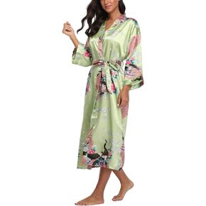 ABC-STAR Women's Kimono Robe Peacock & Blossom Robe Wedding Satin Bathrobe Nightgown