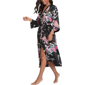 ABC-STAR Women's Kimono Robe Peacock & Blossom Robe Wedding Satin Bathrobe Nightgown in Kuwait
